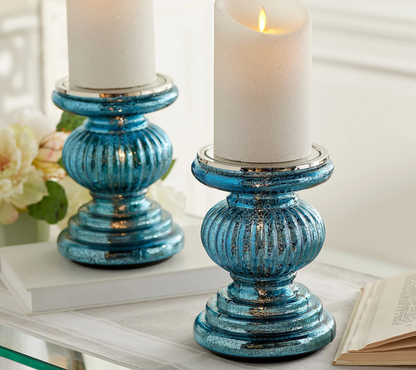 Set of 2 Lit Candle Holder Pedestals with Mirror Inserts