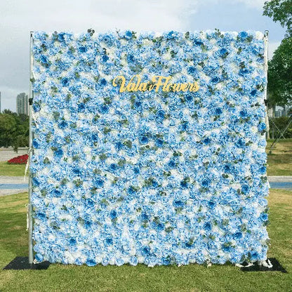 Flowers Azure Adoration: An Enchanting Ballet of Mixed Baby Blue and White Green Flower Blooms and Whispering Waves Floral Wall- VF-067