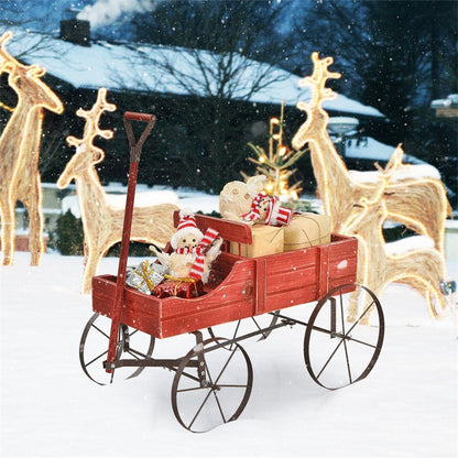 Wooden Garden Planter Wagon Cart with Metal Wheels for Backyard