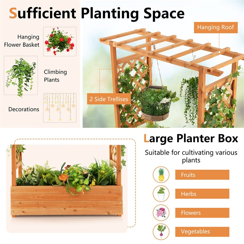 Raised Garden Bed with Arch Trellis Wood Elevated Planter Box with Hanging Roof Drainage Holes Side Trellis for Vine Climbing Plants