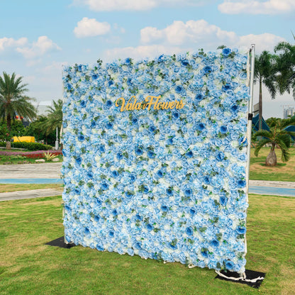 Flowers Azure Adoration: An Enchanting Ballet of Mixed Baby Blue and White Green Flower Blooms and Whispering Waves Floral Wall- VF-067