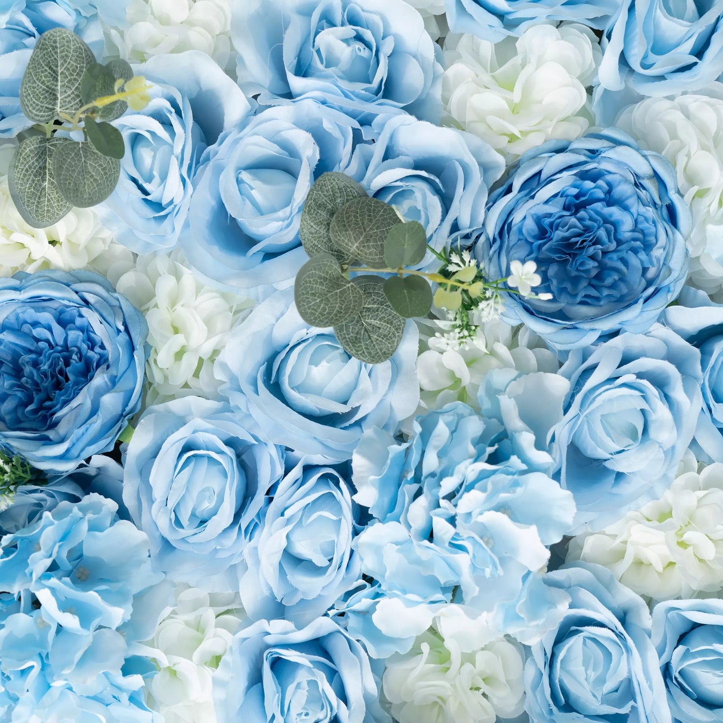 Flowers Azure Adoration: An Enchanting Ballet of Mixed Baby Blue and White Green Flower Blooms and Whispering Waves Floral Wall- VF-067