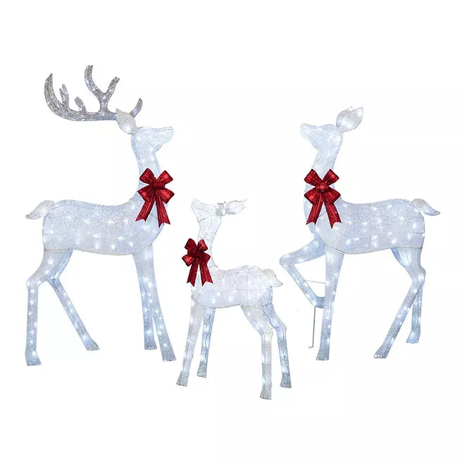 3-Piece Pre-Lit Iced Twinkling Deer Family - White