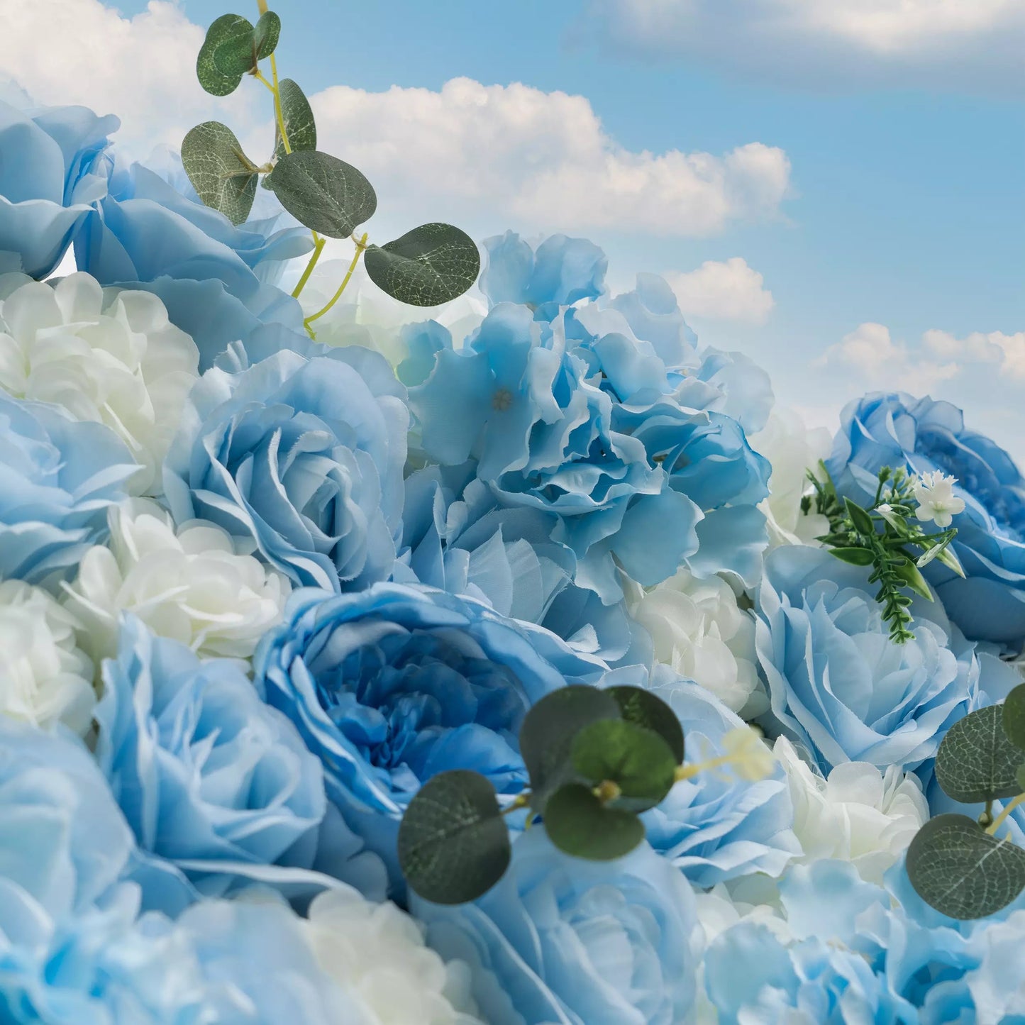 Flowers Azure Adoration: An Enchanting Ballet of Mixed Baby Blue and White Green Flower Blooms and Whispering Waves Floral Wall- VF-067