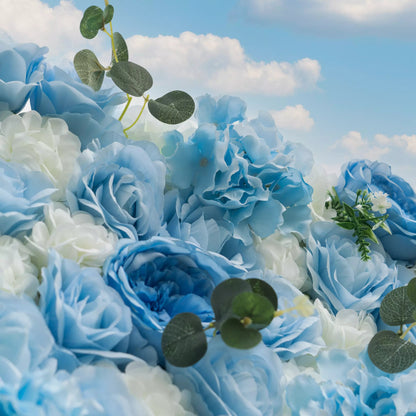 Flowers Azure Adoration: An Enchanting Ballet of Mixed Baby Blue and White Green Flower Blooms and Whispering Waves Floral Wall- VF-067