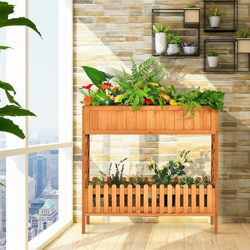 2-Tier Wood Raised Garden Bed Elevated Planter Box for Vegetable Flower Herb