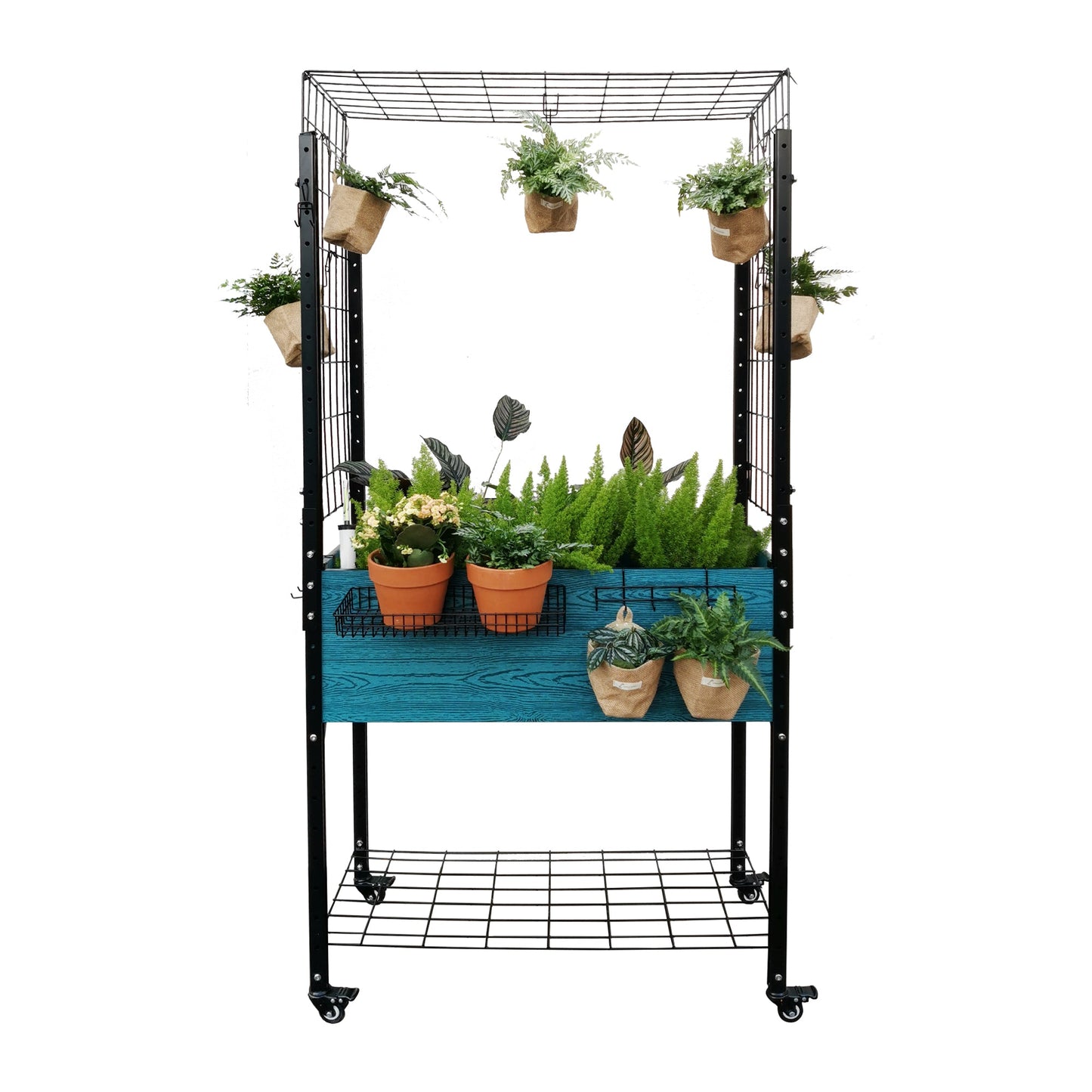 Self-watering Mobile Elevated Planter in Blue with Arch Trellis and UnderShelf and Basket & Hook Set