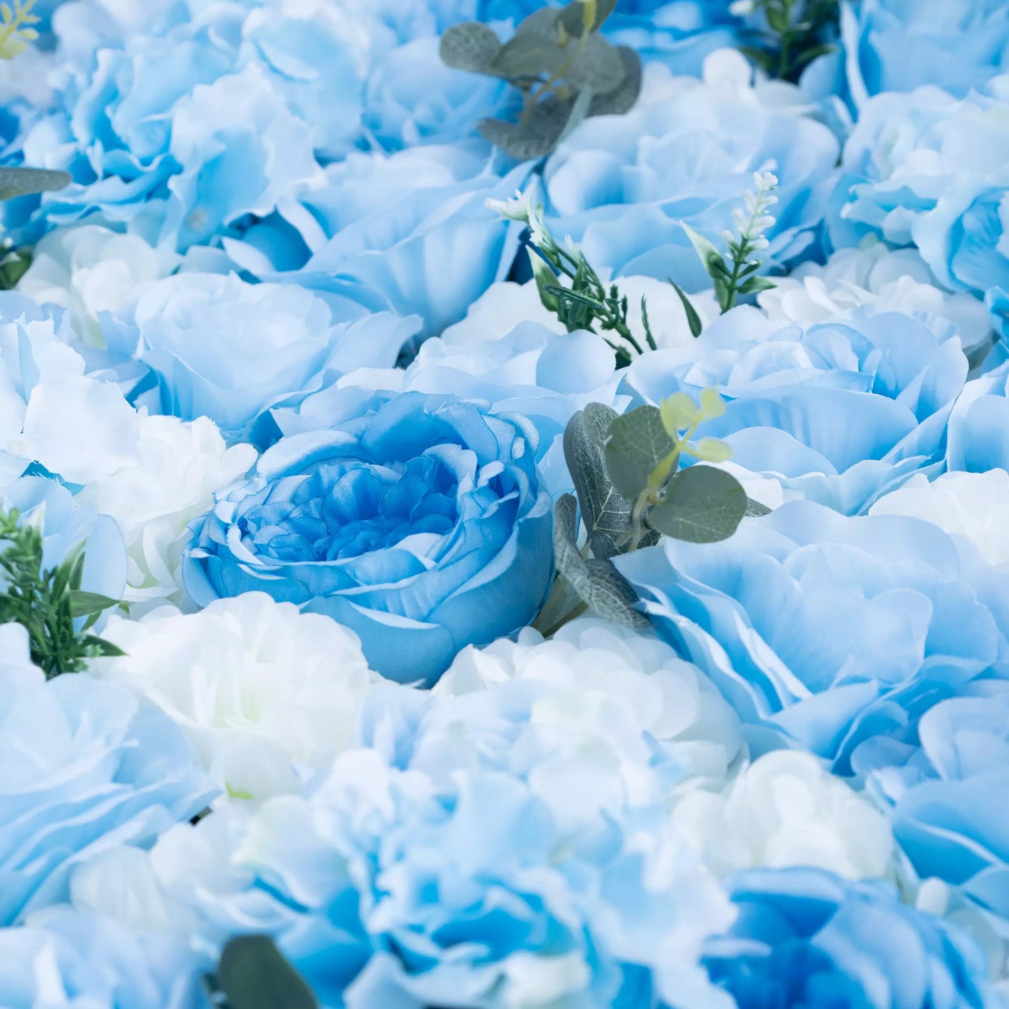 Flowers Azure Adoration: An Enchanting Ballet of Mixed Baby Blue and White Green Flower Blooms and Whispering Waves Floral Wall- VF-067