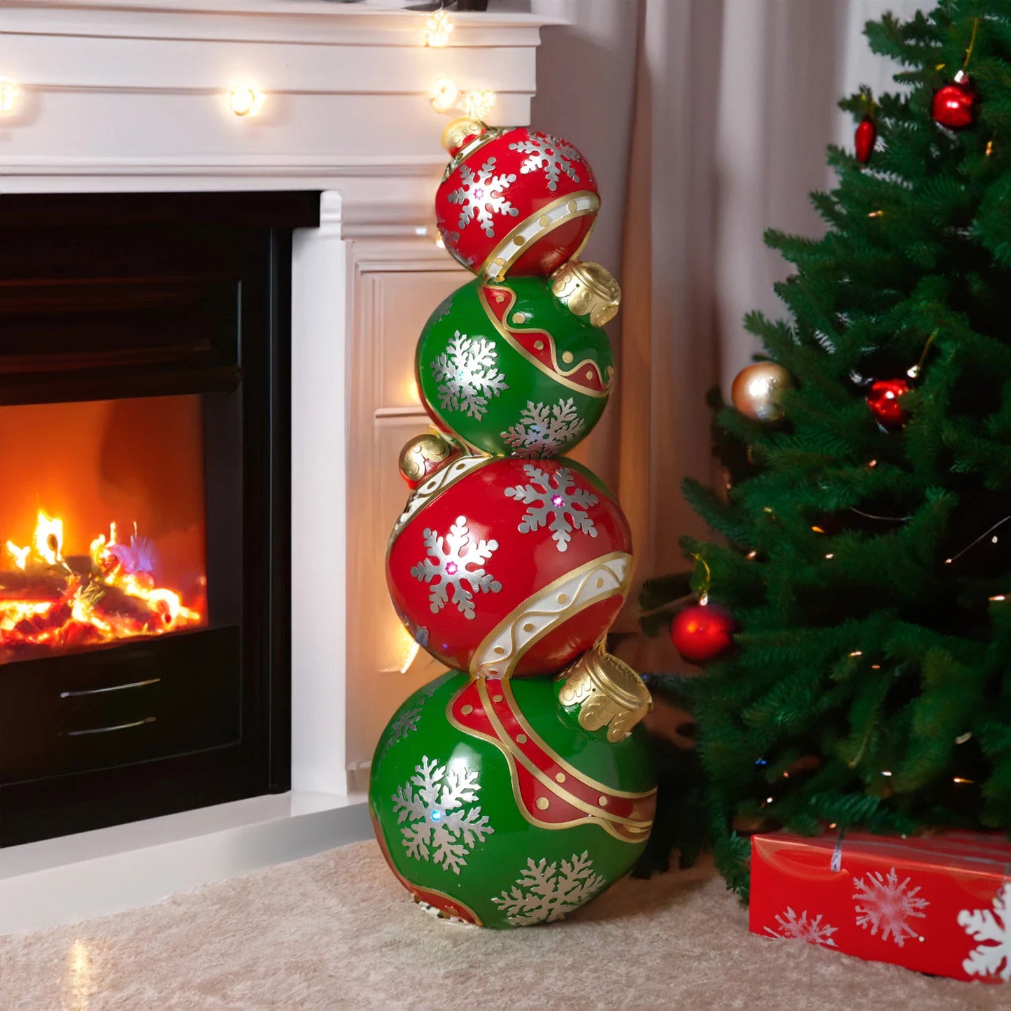 Pre-Lit Stacked Red and Green Ornaments