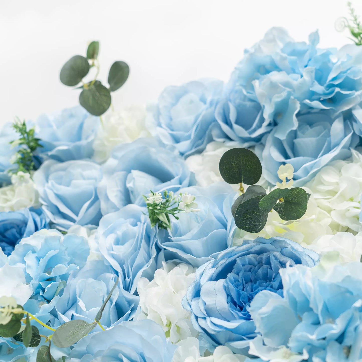 Flowers Azure Adoration: An Enchanting Ballet of Mixed Baby Blue and White Green Flower Blooms and Whispering Waves Floral Wall- VF-067