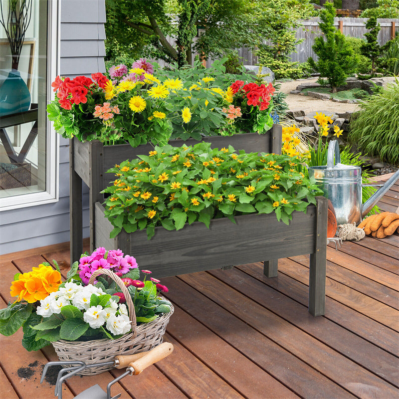 2-Level Wooden Raised Garden Bed Elevated Planter Box with Legs and Drain Holes