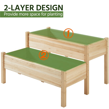 2-Tier Raised Garden Bed Elevated Wooden Planter Box, Wood