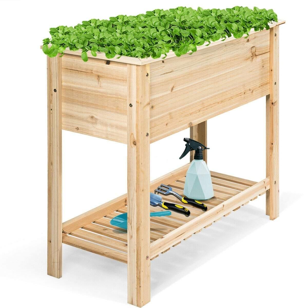 Wooden Outdoor Raised Garden Bed with Storage Shelf