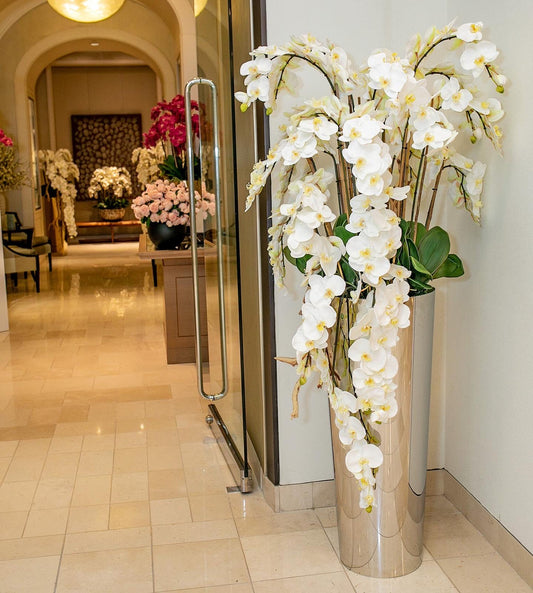 Cascading Phalaenopsis Orchids in Tapered Stainless Steel Polished Cone