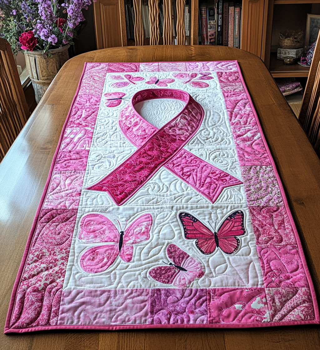 Butterfly Breast Cancer Ribbon DAI281124181 Quilted Table Runner