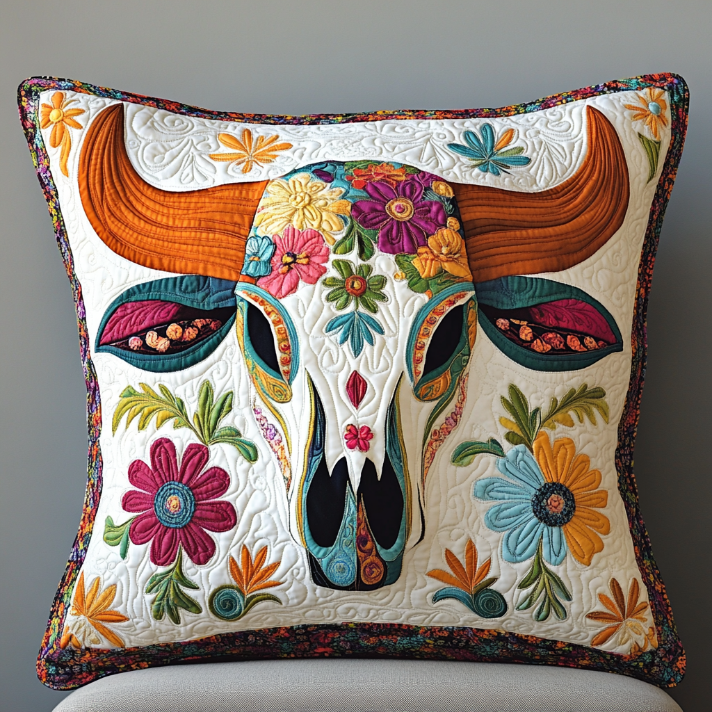 Hippie Bull Skull DAI241224022 Quilted Pillow Case