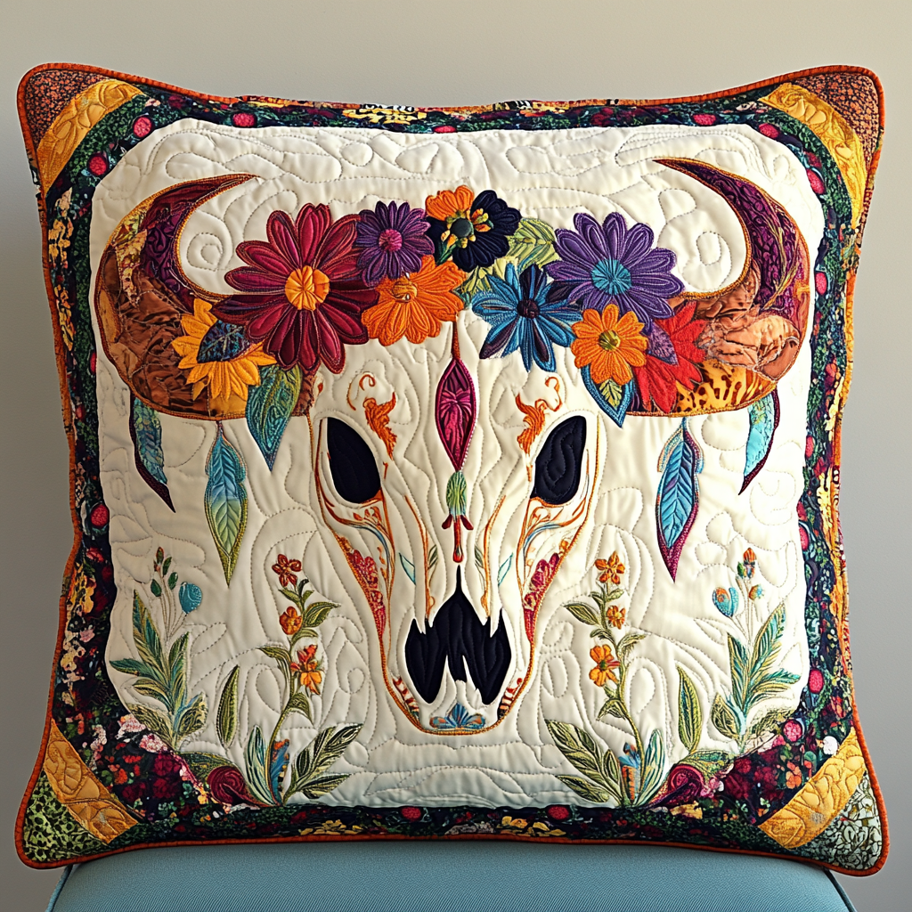 Hippie Bull Skull DAI241224024 Quilted Pillow Case