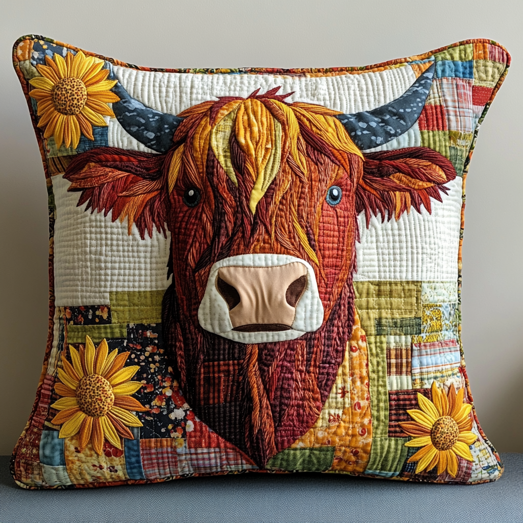 Sunflower Highland Cow DAI051224153 Quilted Pillow Case