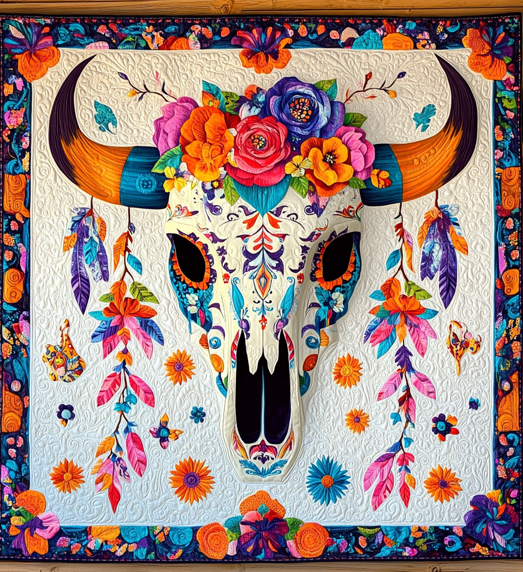 Hippie Bull Skull DAI171224036 Quilt Blanket