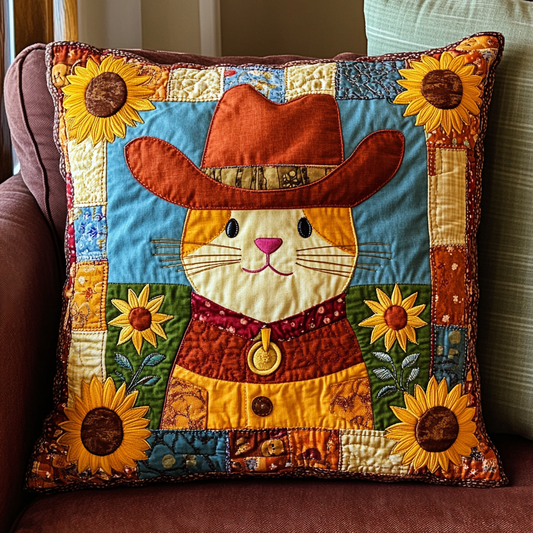 Sunflower Cowboy Cat DAI241224064 Quilted Pillow Case