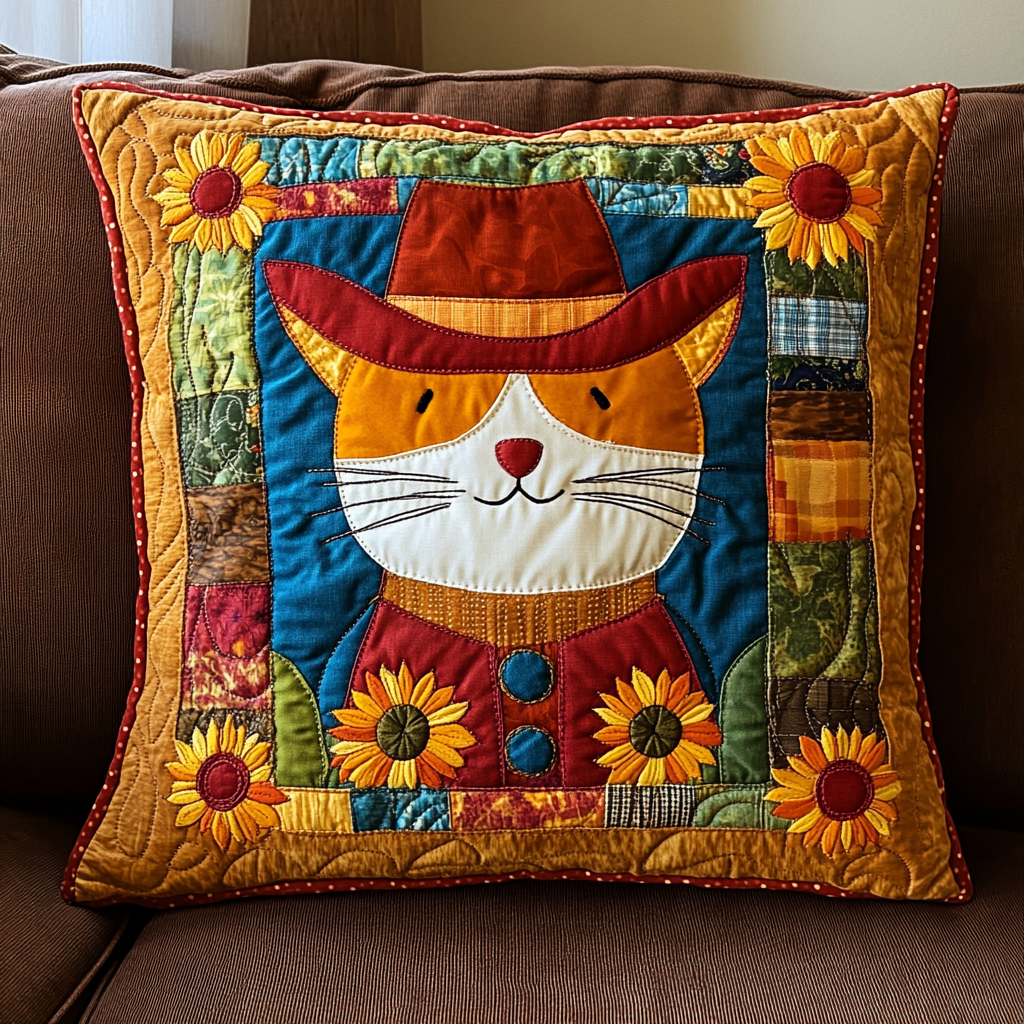 Sunflower Cowboy Cat DAI241224062 Quilted Pillow Case