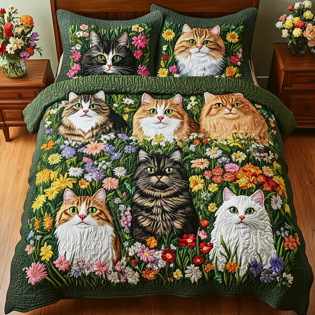 Cats In Flower Garden TAI111124045 Quilt Bedding Set