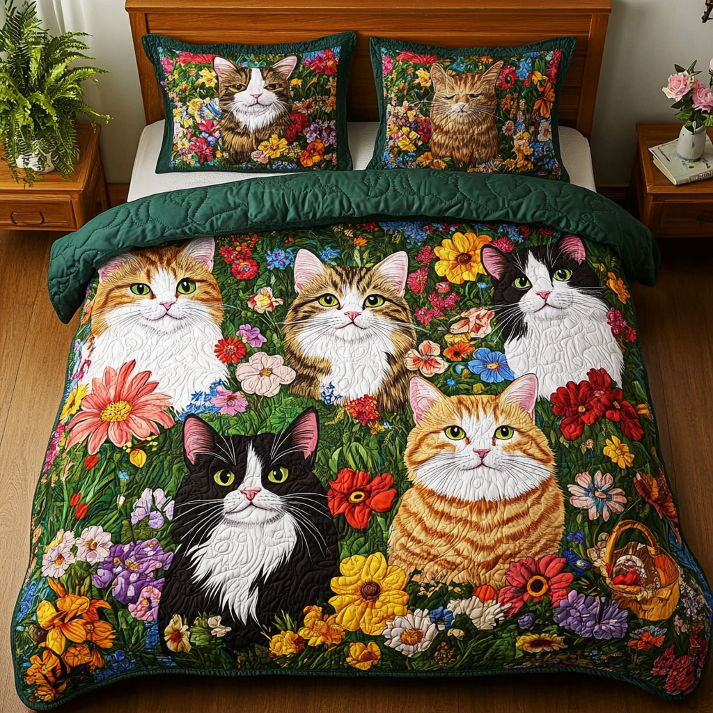 Cats In Flower Garden TAI111124040 Quilt Bedding Set