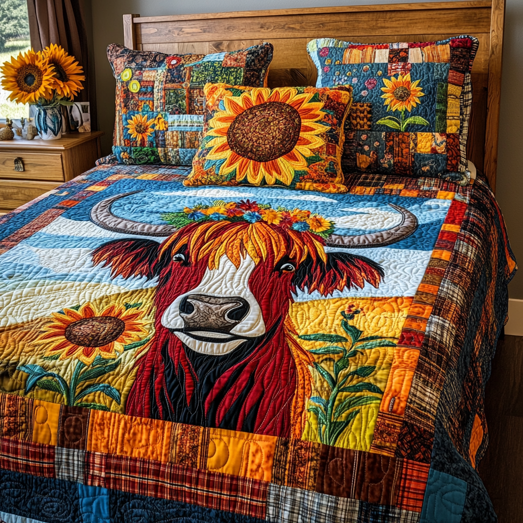 Sunflower Highland Cow DAI051224109 Quilt Bedding Set