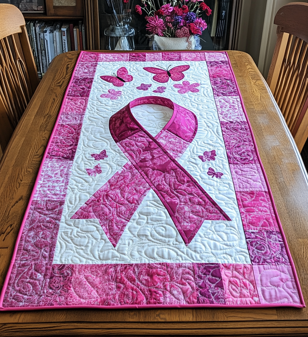 Butterfly Breast Cancer Ribbon DAI281124182 Quilted Table Runner