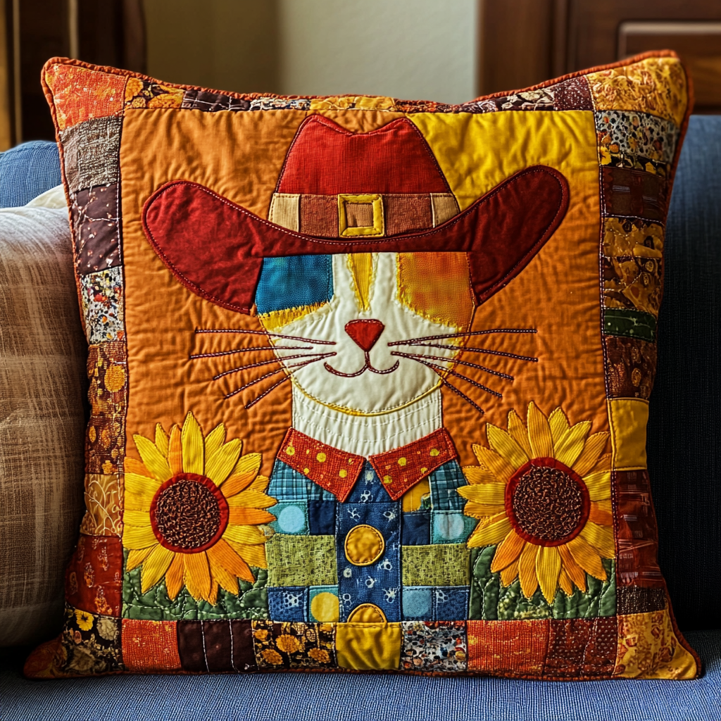 Sunflower Cowboy Cat DAI241224063 Quilted Pillow Case