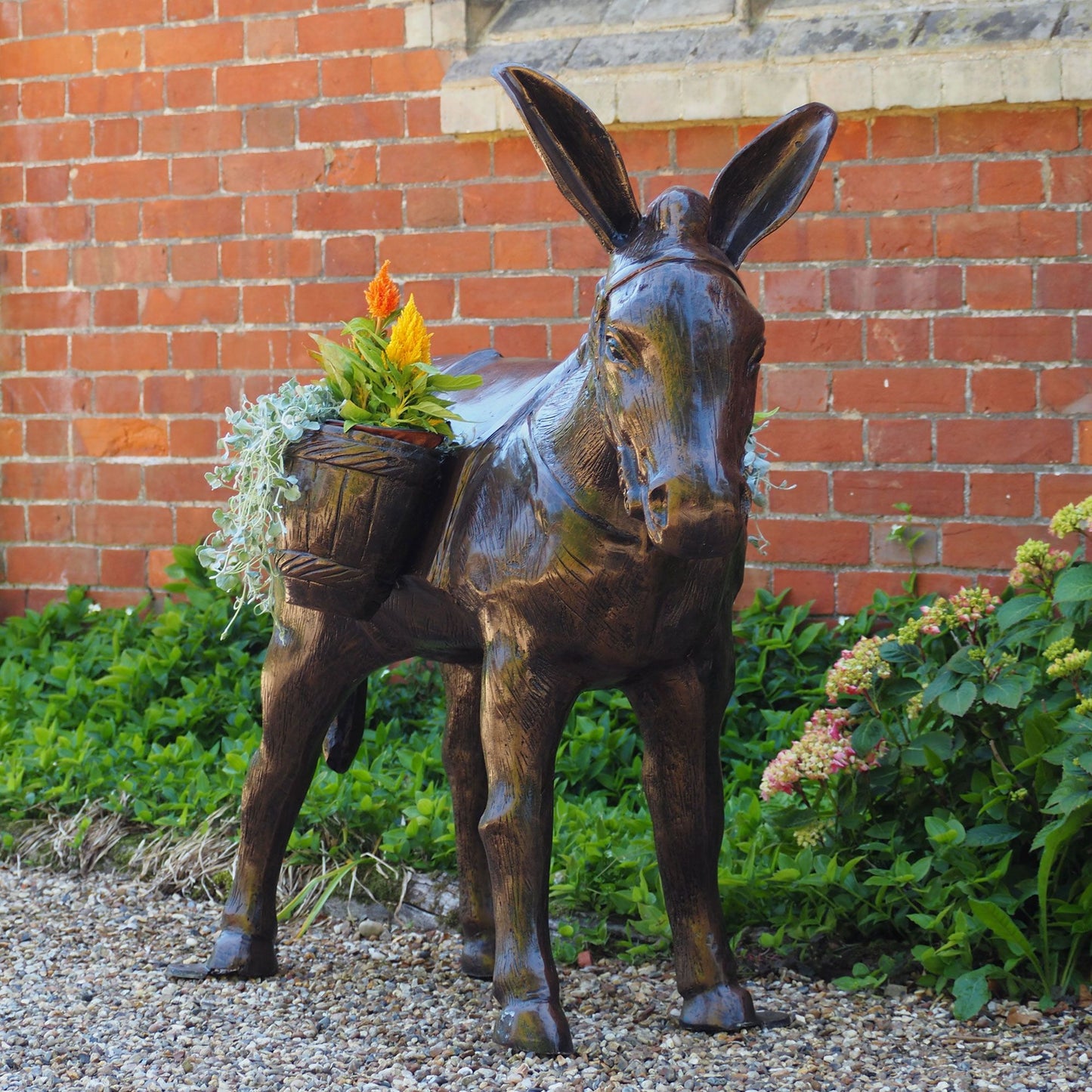 Wild Donkey with Baskets Bronze Metal Garden Statue