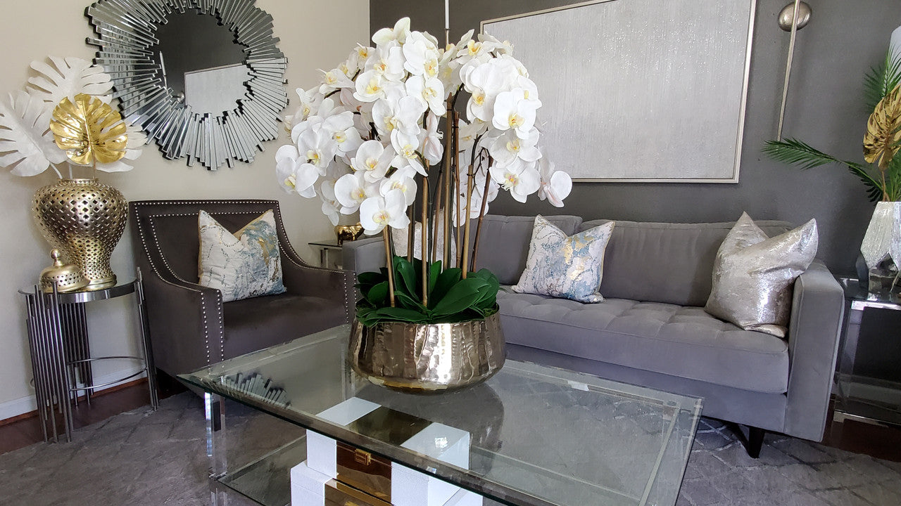 Phalaenopsis Orchids Floral Arrangement in Large Gold Planter