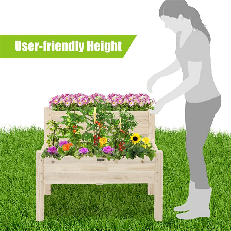 2-Level Wooden Raised Garden Bed Elevated Planter Box with Legs and Drain Holes