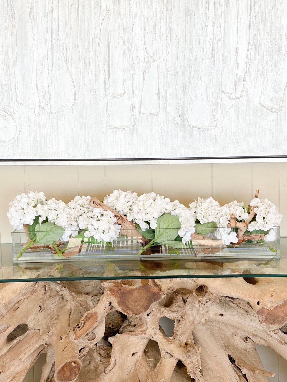 48″ Casa Moderna Glass Plate Planter with white Hydrangeas and Driftwood