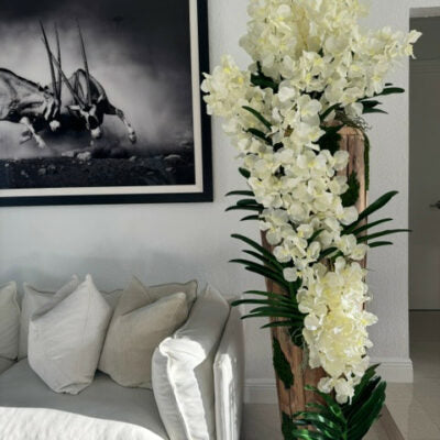 Large Live Edge Teak Vase with White Vanda Orchids Artificial Tree