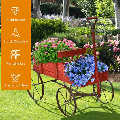 Wooden Garden Planter Wagon Cart with Metal Wheels for Backyard