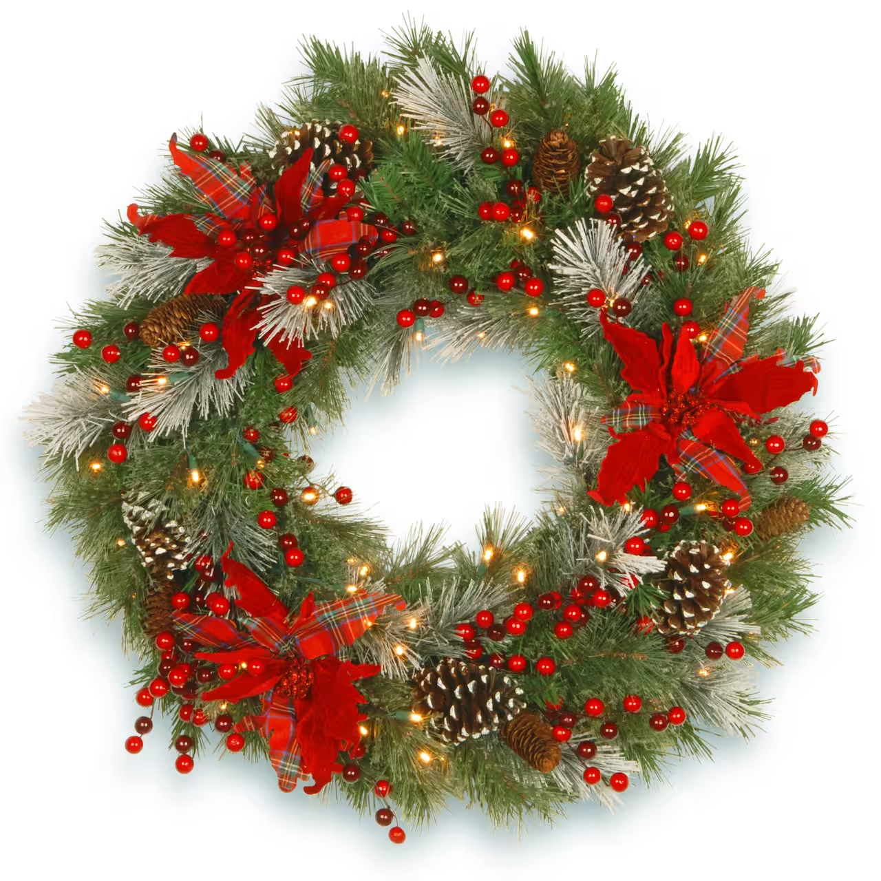 30" Pre-Lit Decorative Collection Cones, Red Berries & Poinsettias Tartan Plaid Wreath With Warm White LED Lights