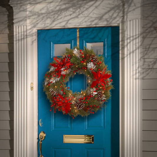 30" Pre-Lit Decorative Collection Cones, Red Berries & Poinsettias Tartan Plaid Wreath With Warm White LED Lights