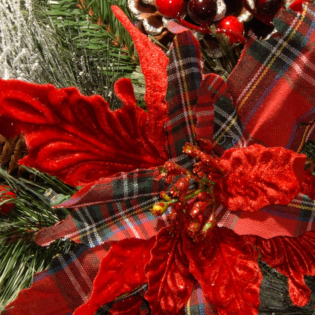 30" Pre-Lit Decorative Collection Cones, Red Berries & Poinsettias Tartan Plaid Wreath With Warm White LED Lights