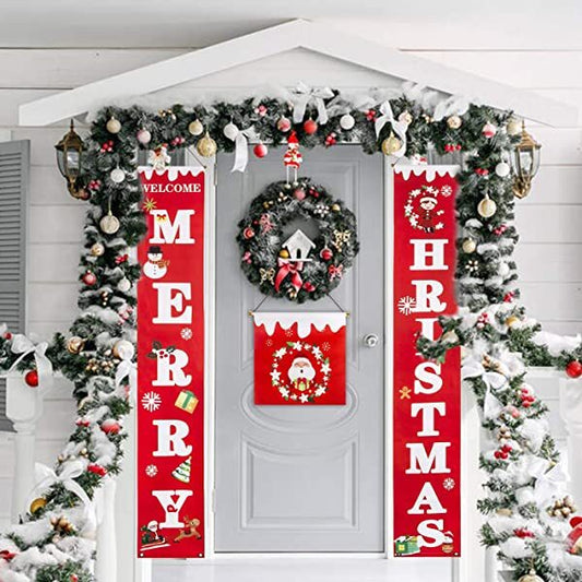 Christmas-Merry Christmas banner for home Christmas porch sign decorations for holiday indoor outdoor front door home wall hanging Christmas decorations