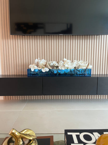 36″ Casa Moderna Blue Acrylic Planter with Vanda Orchids and Driftwood