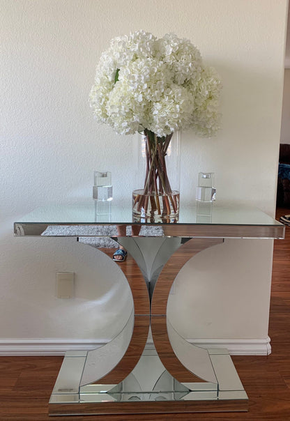 White Hydrangea Bouquet in clear tall glass cylinder vase