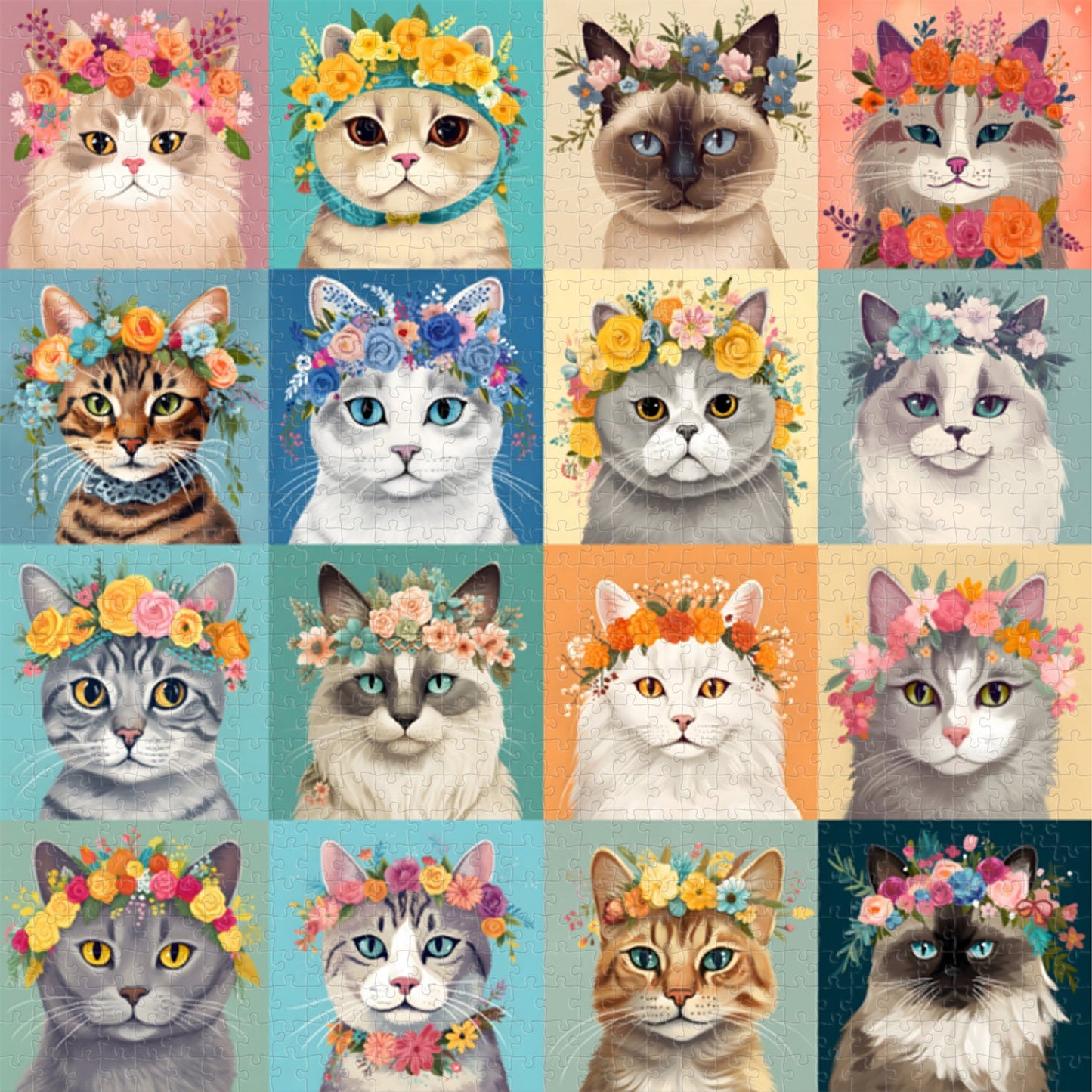 Colorful Cat Flower Crowns Jigsaw Puzzle 1000 Pieces