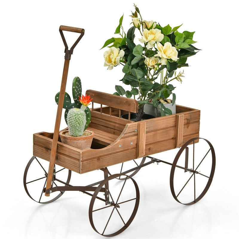 Wooden Garden Planter Wagon Cart with Metal Wheels for Backyard