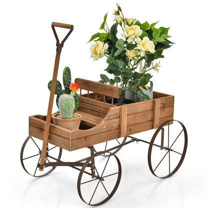 Wooden Garden Planter Wagon Cart with Metal Wheels for Backyard