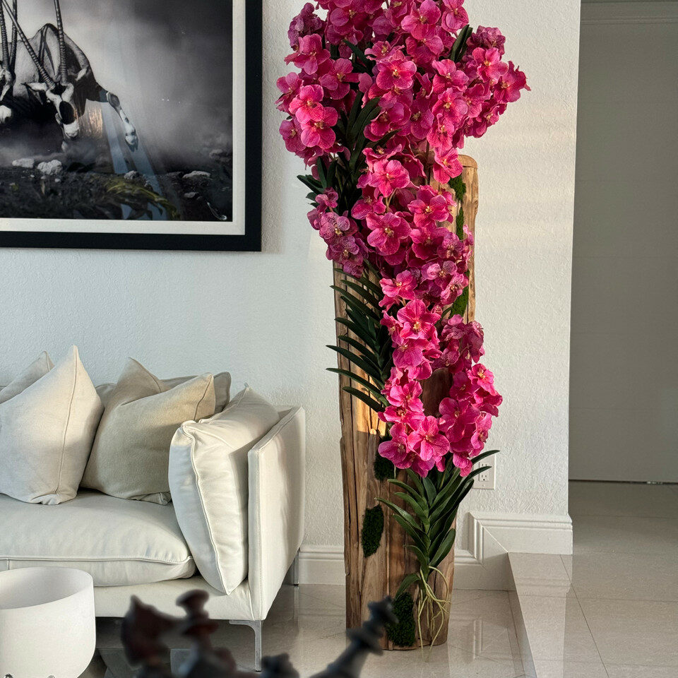 Large Live Edge Teak Vase with Pink Vanda Orchids