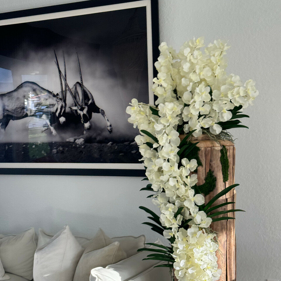 Large Live Edge Teak Vase with White Vanda Orchids Artificial Tree