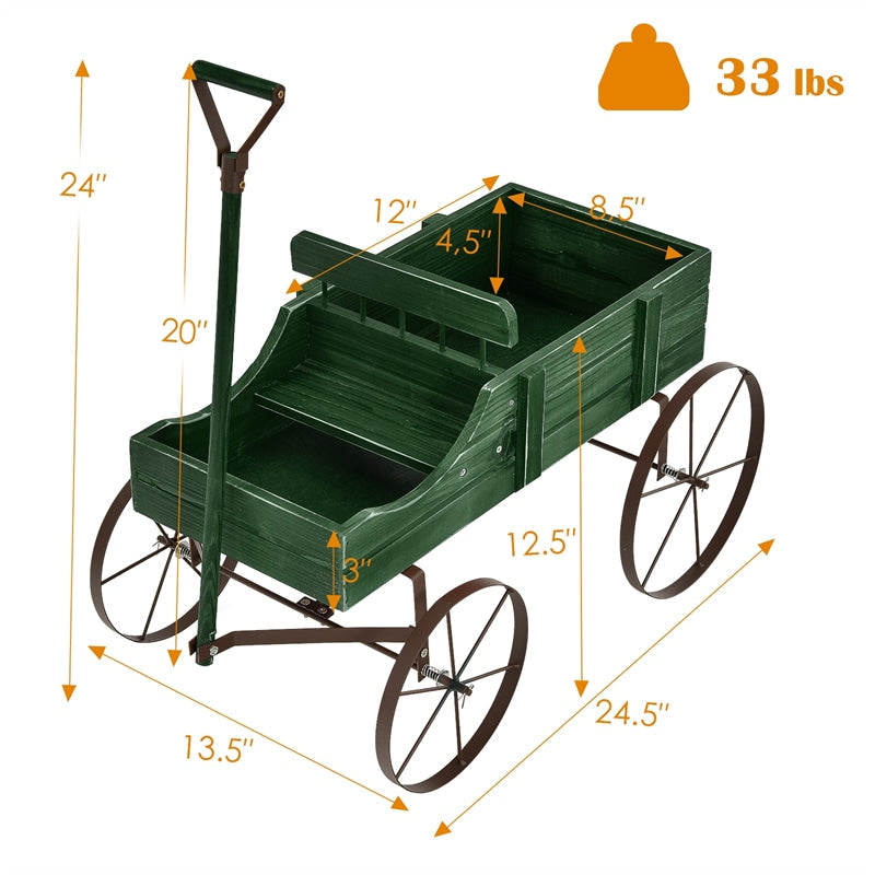 Wooden Garden Planter Wagon Cart with Metal Wheels for Backyard