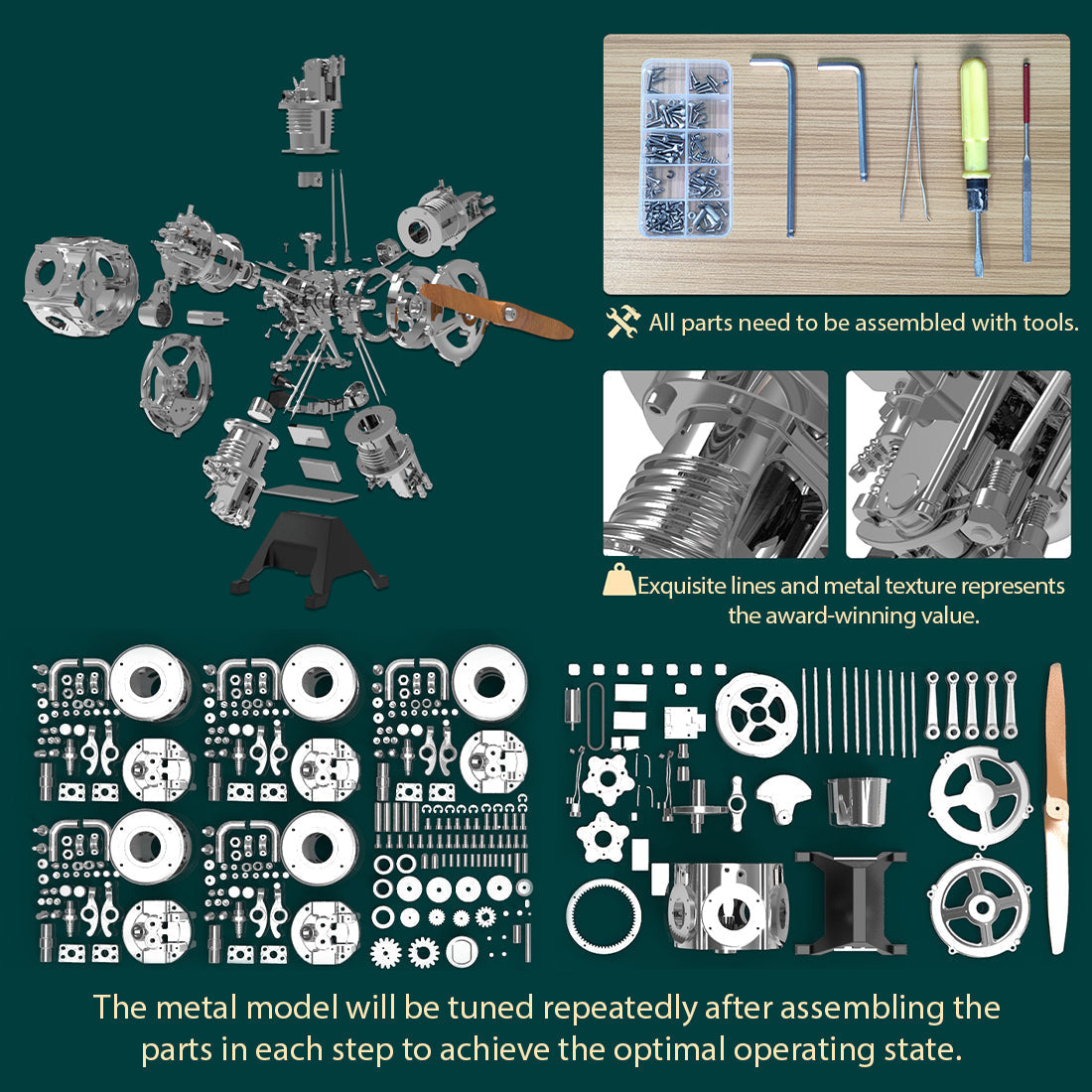 5-Cylinder Radial Engine Model Kit -Full Metal Radial Engine Model Kit 250+Pcs