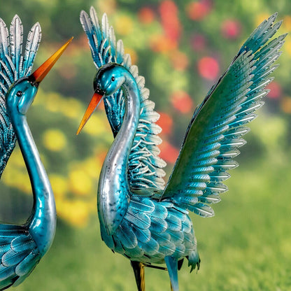 Pair of 2 Tall Metallic Blue-Green Heron Garden Figurines in Assorted Styles